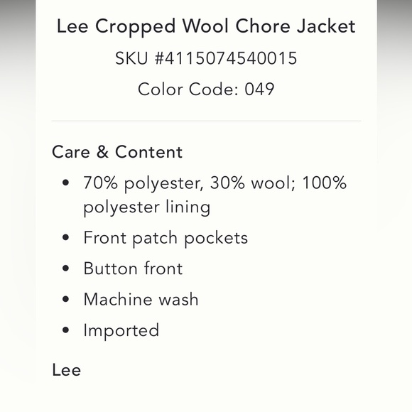 Anthropologie NWT Lee Cropped Wool Chore Jacket size S. - Picture 5 of 12